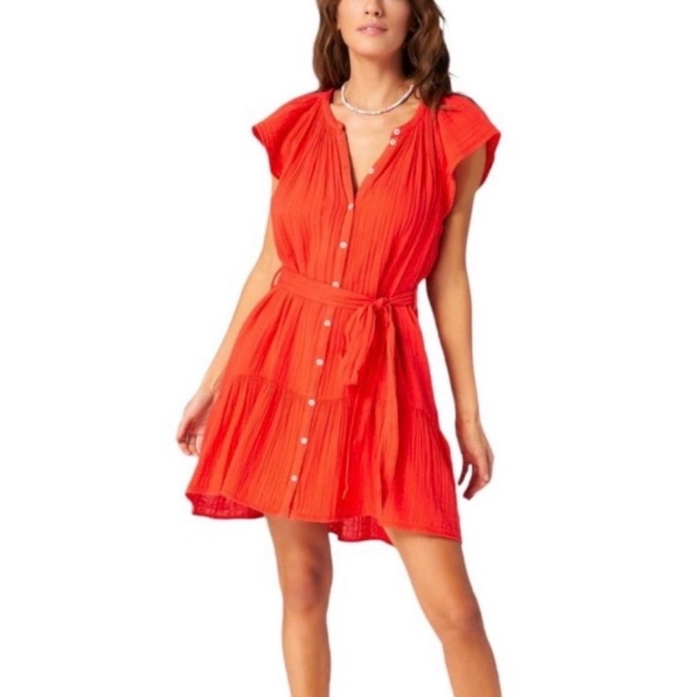 Xirena Red Orange Cotton Gauze Flutter Sleeve Belted Mini Dress L Large Pocket